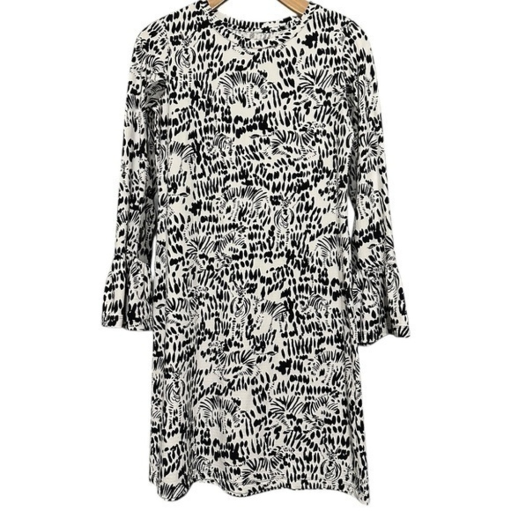 IBKUL Women’s XS Black White Geometric Print SPF Activewear Bell Sleeve Dress